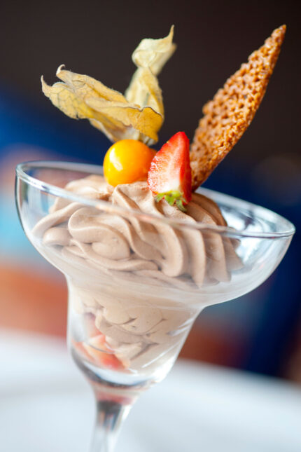 An exquisite, decadent dessert creation beautifully presented to finish the meal.