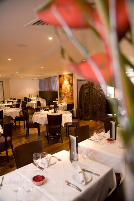 Stunning luxury wedding reception venue table setup at Zari Restaurant Crawley.
