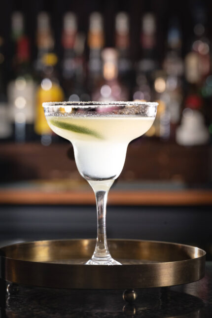A freshly shaken classic margarita with a salted rim for Sunday brunch at Zari Crawley.