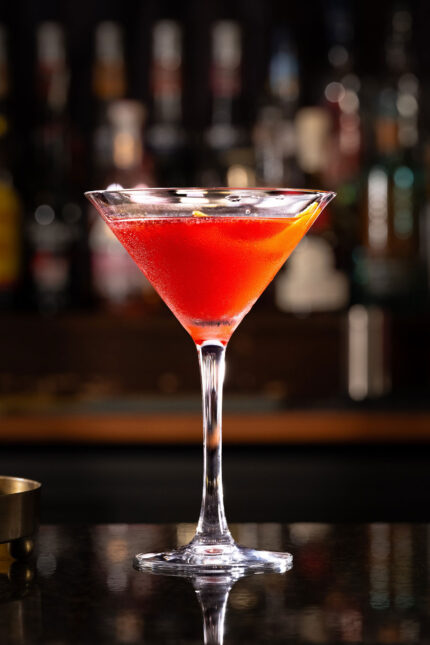 An elegant red martini cocktail served fresh during Sunday brunch at Zari.