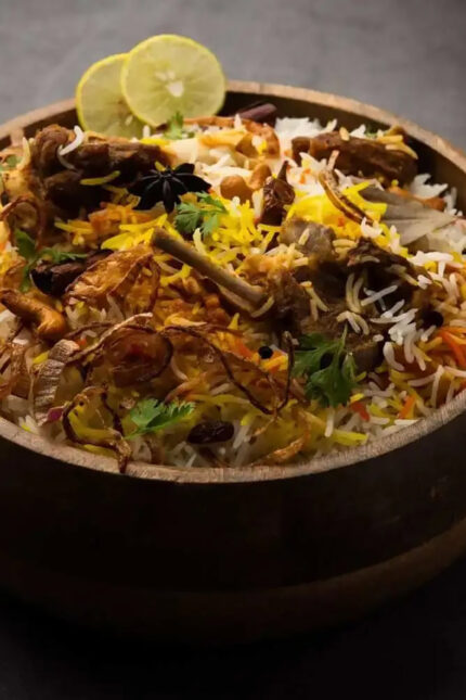 Fragrant, aromatic mutton biryani rice dish served fresh at Zari West Sussex.