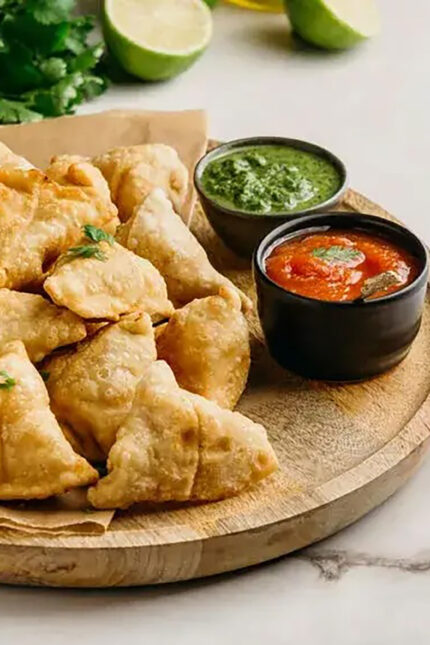 Crispy traditional vegetable samosas made entirely dairy-free for a vegan starter.