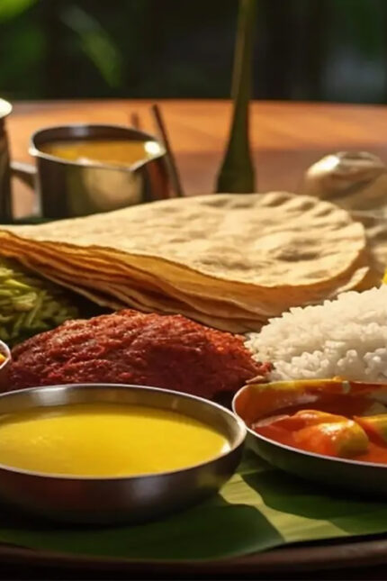Traditional festive Indian thali feast featuring fresh rotis, rice, and dal at Zari Crawley.