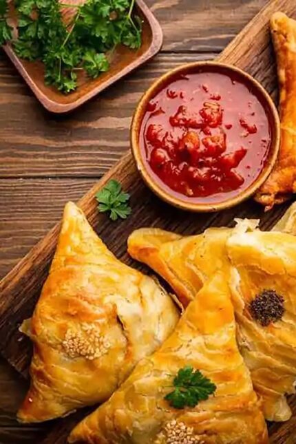 Authentic pastry vegetable samosas with a plant-based filling at Zari Crawley.