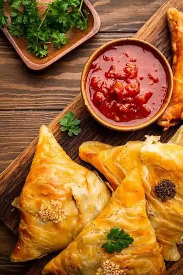 Authentic pastry vegetable samosas with a plant-based filling at Zari Crawley.